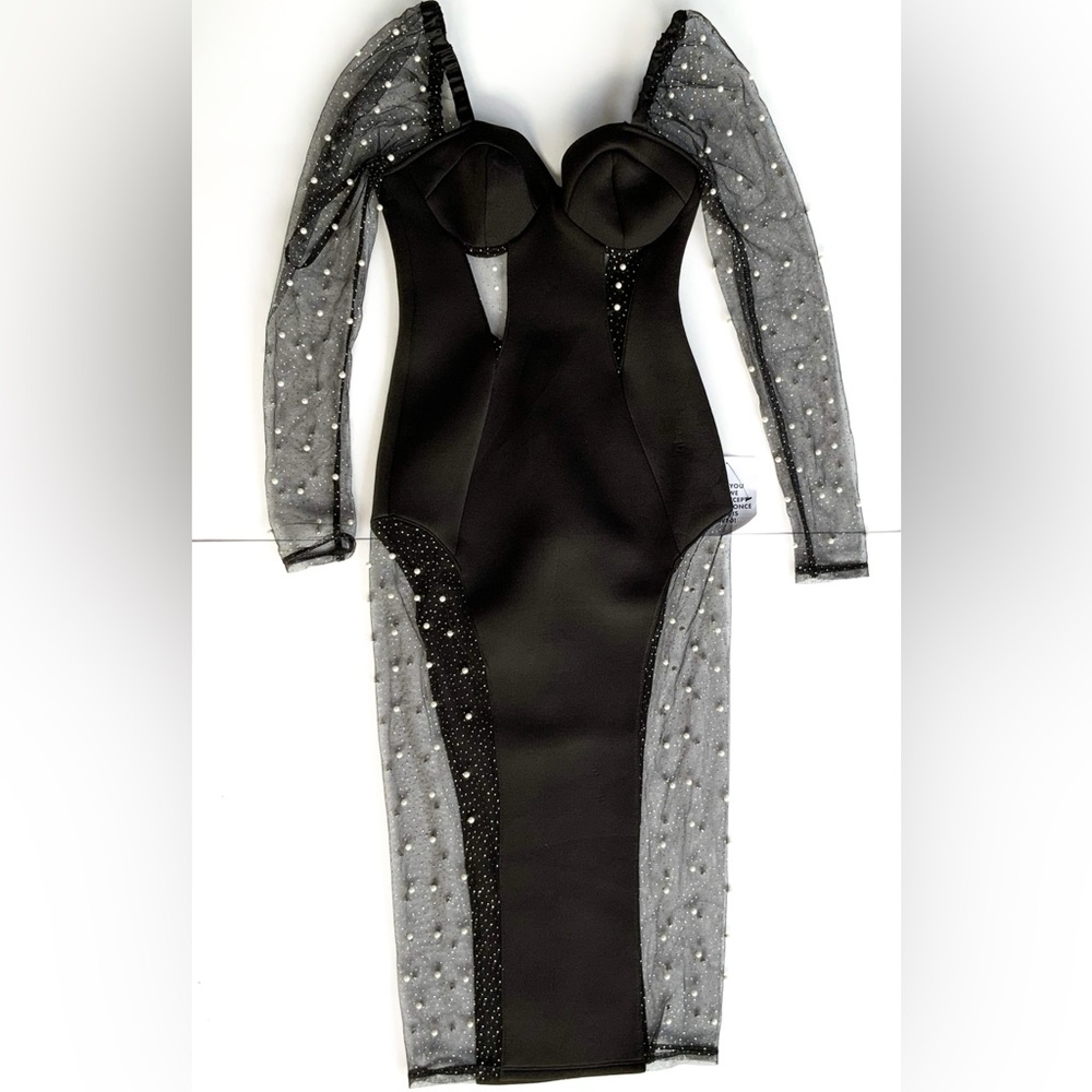 ASOS Petite DESIGN Petite glitter insert pearl mesh midi pencil dress in black